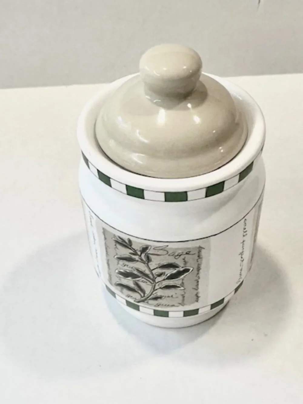 Vintage Savory Tyme Ceramic Canister with Lid Culinary Herb Theme White 6.5in